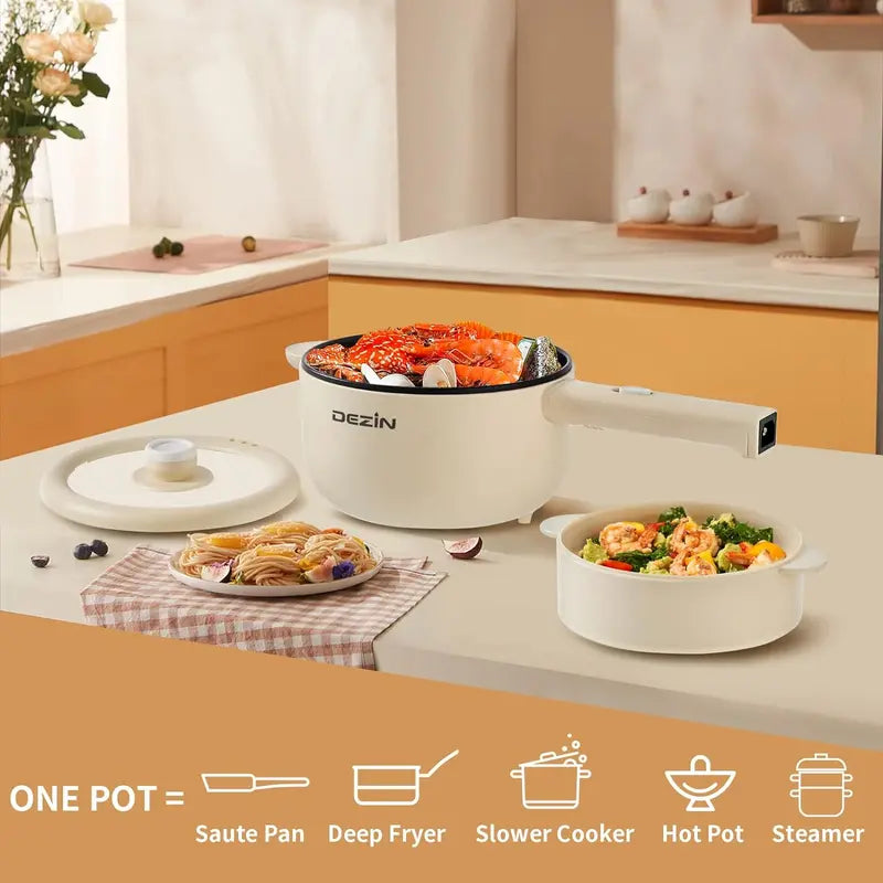 Dezin Electric Cooker, 2L Non-Stick Sauté Pan, Rapid Noodles Cooker, Mini Pot for Ramen with Power Adjustment, Dorm Room Essential.(Egg Rack Included)