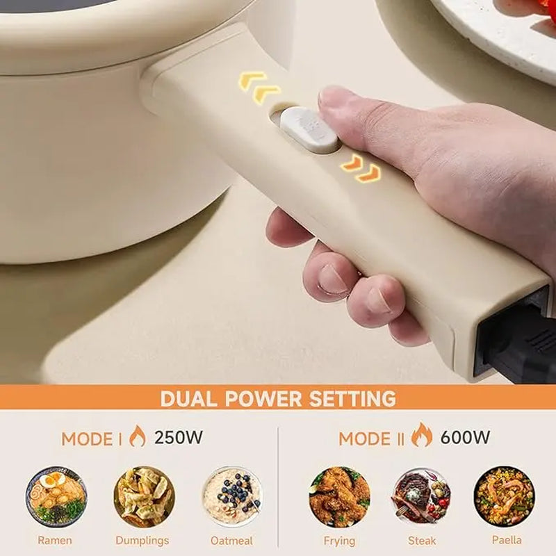 Dezin Electric Cooker, 2L Non-Stick Sauté Pan, Rapid Noodles Cooker, Mini Pot for Ramen with Power Adjustment, Dorm Room Essential.(Egg Rack Included)