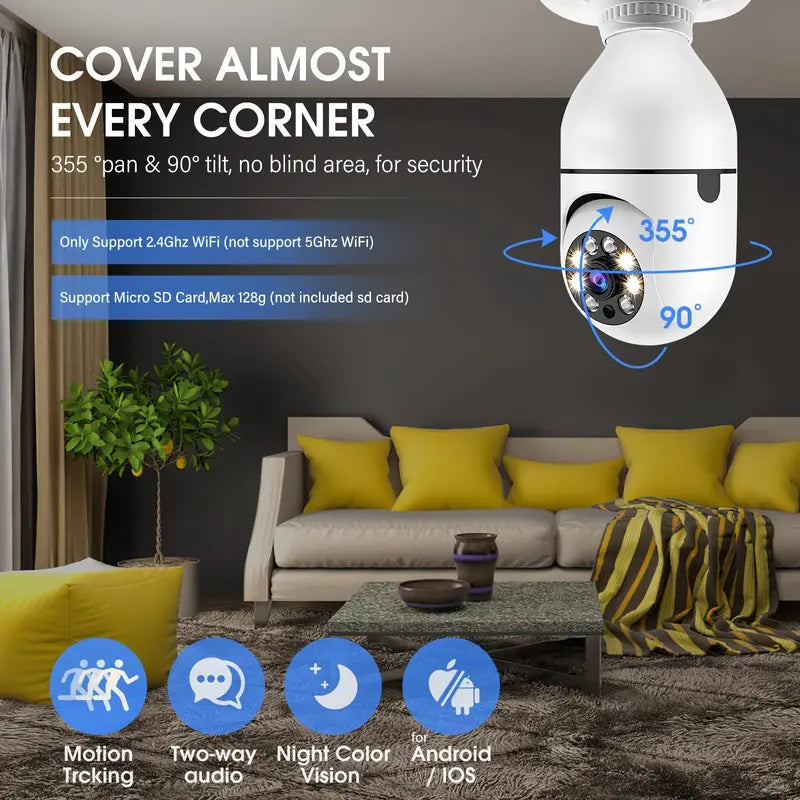 "360° Viral Lightbulb Security Camera - Wireless 2K Camera with Color Night Vision, Motion Detection, Two-Way Talk"