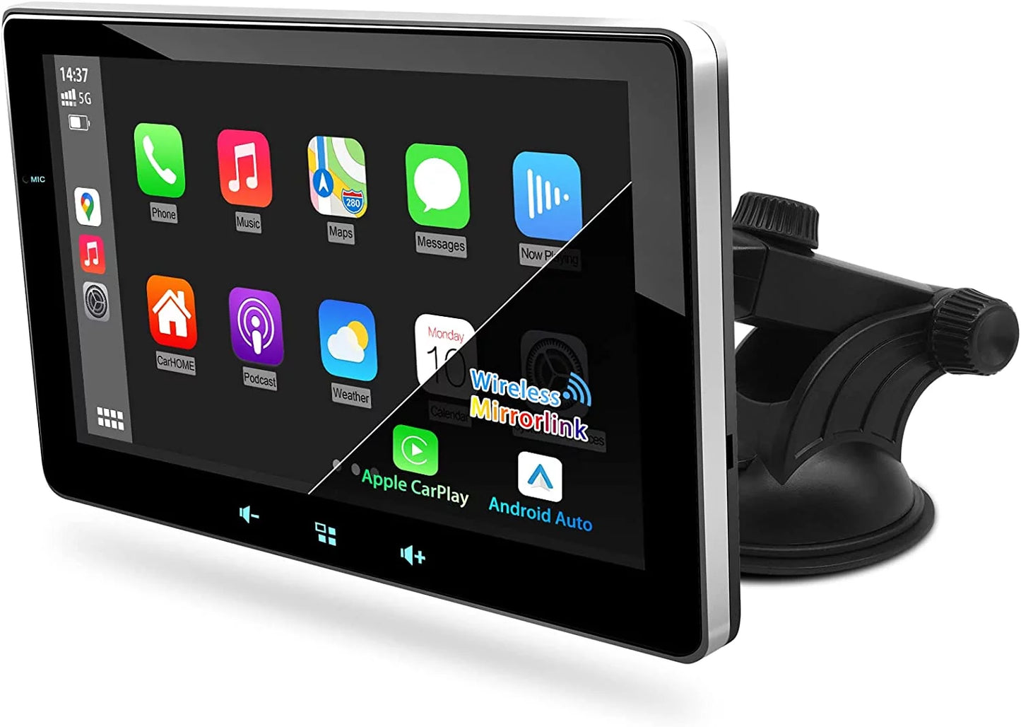 "2023 Portable Car Radio with Apple Carplay & Android Auto, Wireless Stereo 7" Touchscreen, Bluetooth Hands-Free/Mirror Link/Siri, Windshield Mount"