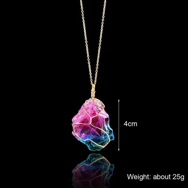 1Pc Irregular Rainbow Stone Natural Crystal Chakra Rock Necklace Golden Plated Quartz Pendant Nice Gift for Lover Friends