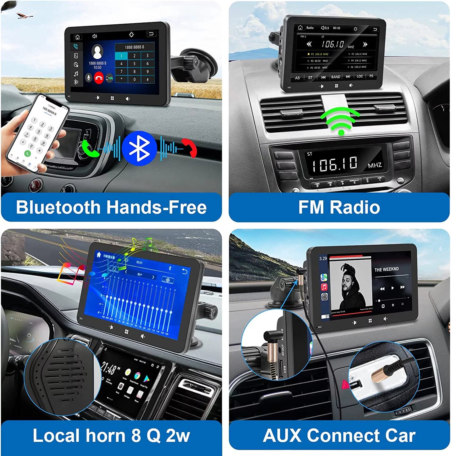 "2023 Portable Car Radio with Apple Carplay & Android Auto, Wireless Stereo 7" Touchscreen, Bluetooth Hands-Free/Mirror Link/Siri, Windshield Mount"