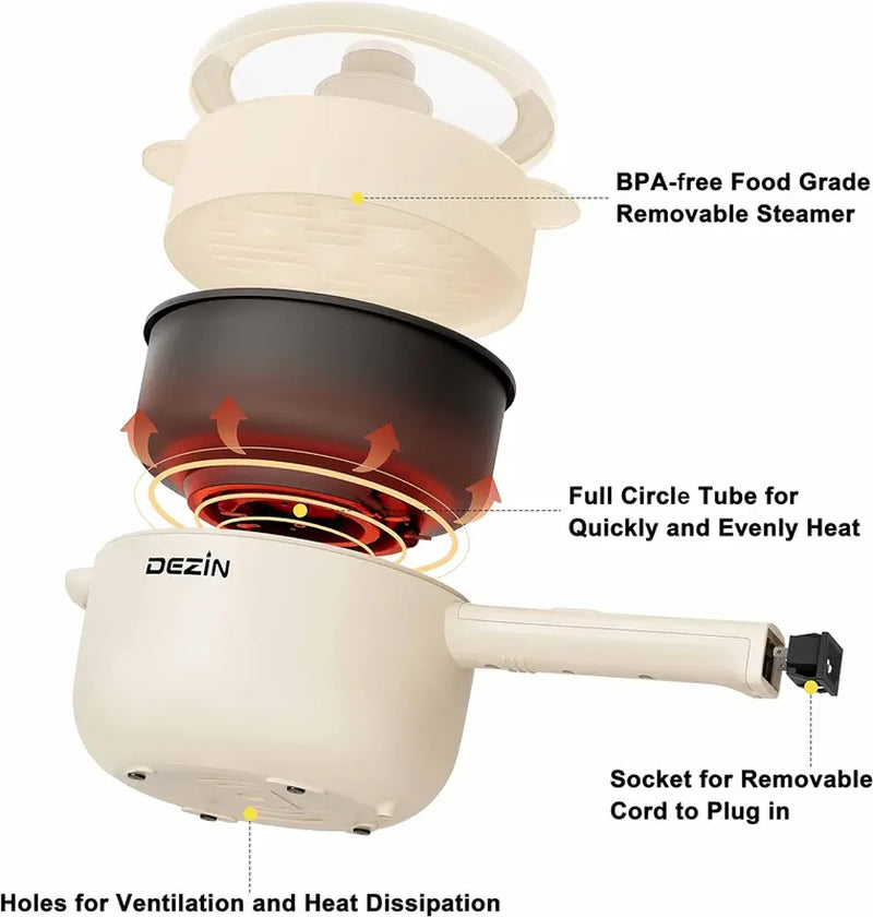 Dezin Electric Cooker, 2L Non-Stick Sauté Pan, Rapid Noodles Cooker, Mini Pot for Ramen with Power Adjustment, Dorm Room Essential.(Egg Rack Included)