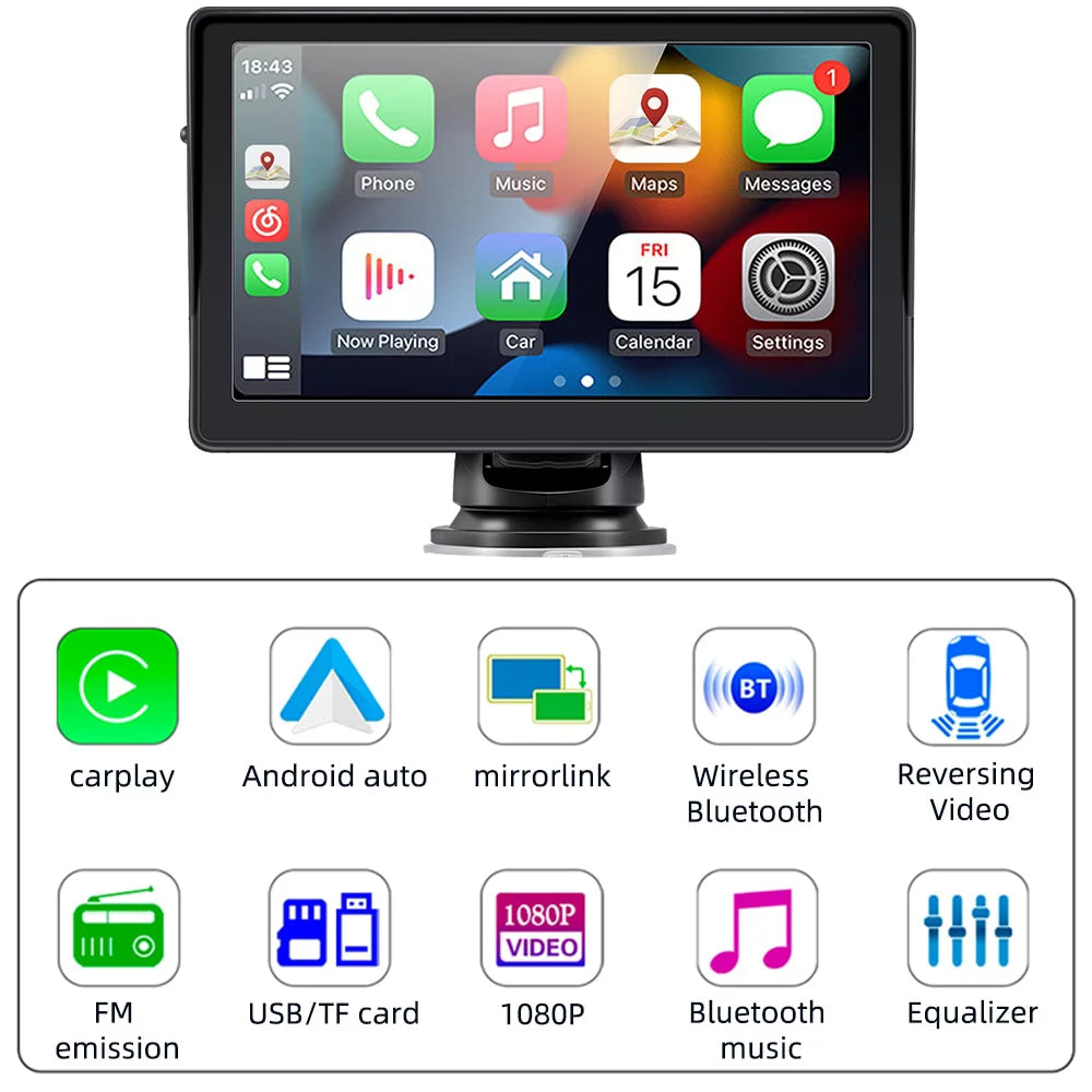 "2023 Portable Car Radio with Apple Carplay & Android Auto, Wireless Stereo 7" Touchscreen, Bluetooth Hands-Free/Mirror Link/Siri, Windshield Mount"