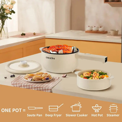 Dezin Electric Cooker, 2L Non-Stick Sauté Pan, Rapid Noodles Cooker, Mini Pot for Ramen with Power Adjustment, Dorm Room Essential.(Egg Rack Included)