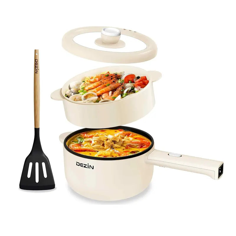 Dezin Electric Cooker, 2L Non-Stick Sauté Pan, Rapid Noodles Cooker, Mini Pot for Ramen with Power Adjustment, Dorm Room Essential.(Egg Rack Included)