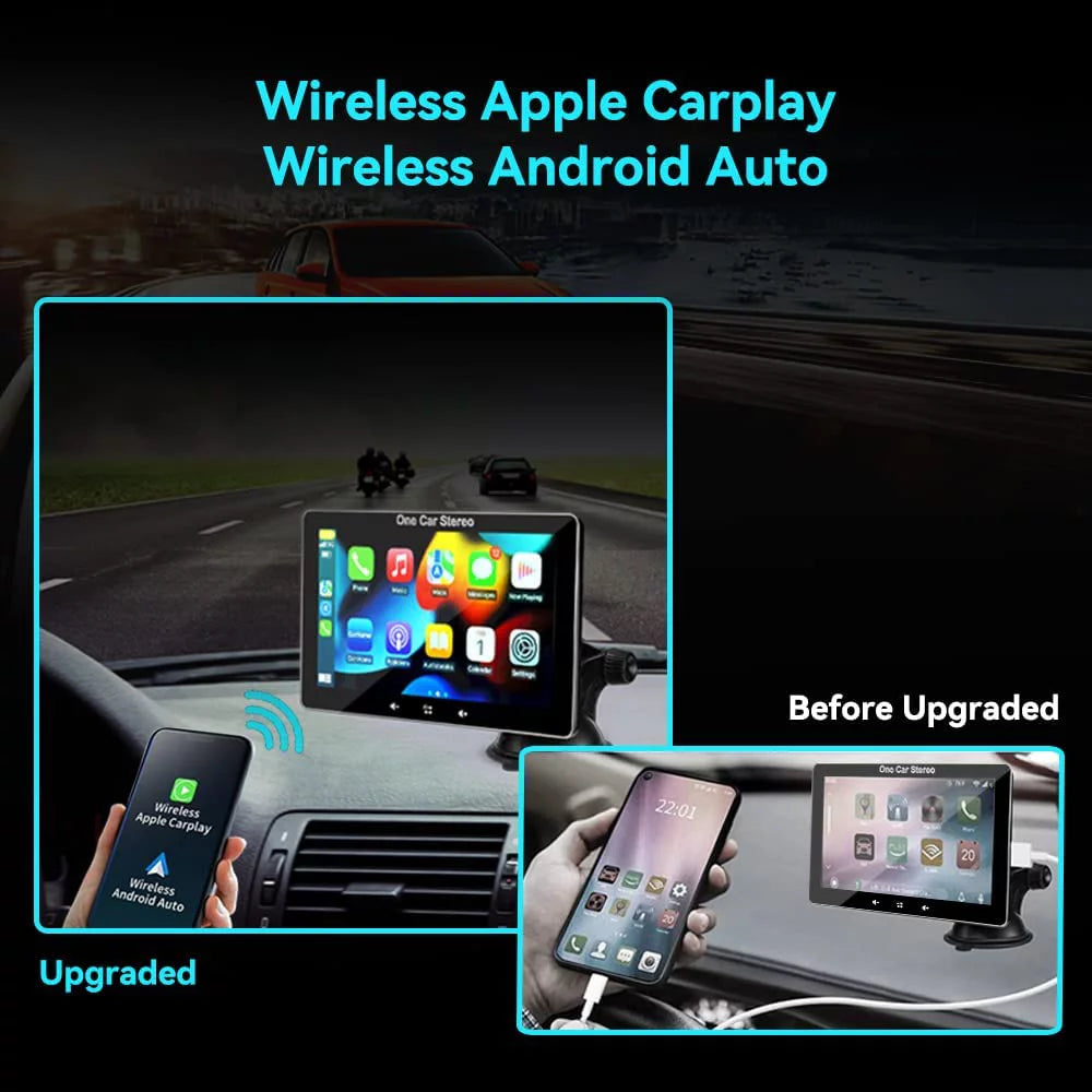 "2023 Portable Car Radio with Apple Carplay & Android Auto, Wireless Stereo 7" Touchscreen, Bluetooth Hands-Free/Mirror Link/Siri, Windshield Mount"
