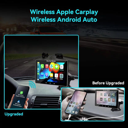 "2023 Portable Car Radio with Apple Carplay & Android Auto, Wireless Stereo 7" Touchscreen, Bluetooth Hands-Free/Mirror Link/Siri, Windshield Mount"