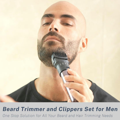 Beard Trimmer and Clippers Set for Men with Foil Shavers, Precise Dial Adjustable 20 Settings, Professional 3-IN-1 Mens Grooming Kit with Nose Trimmer IPX7 Waterproof Wet and Dry, USB-C Rechargeable