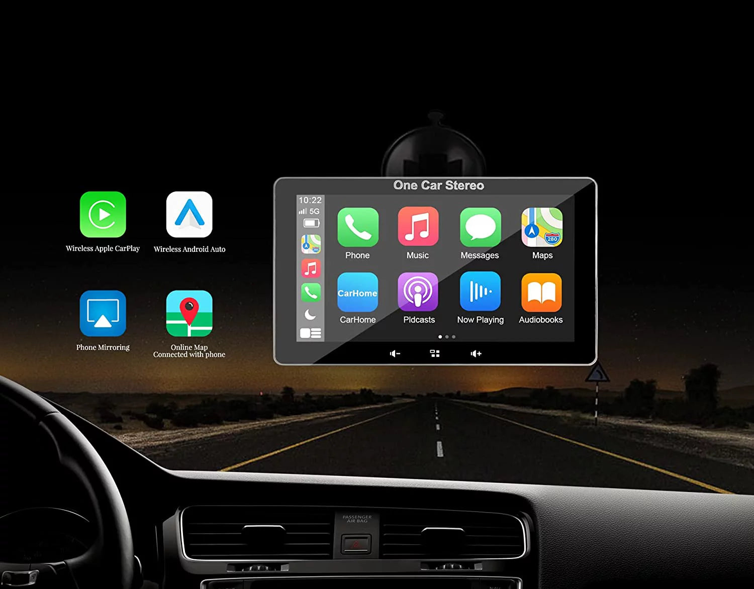 "2023 Portable Car Radio with Apple Carplay & Android Auto, Wireless Stereo 7" Touchscreen, Bluetooth Hands-Free/Mirror Link/Siri, Windshield Mount"