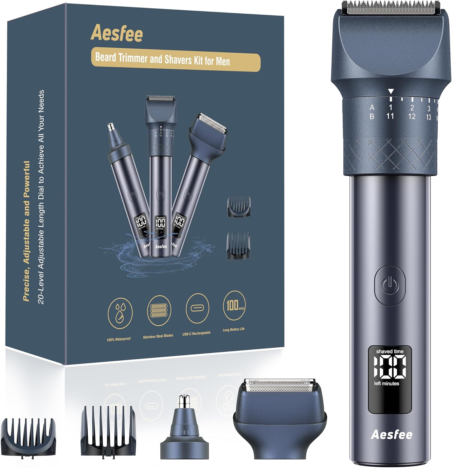 Beard Trimmer and Clippers Set for Men with Foil Shavers, Precise Dial Adjustable 20 Settings, Professional 3-IN-1 Mens Grooming Kit with Nose Trimmer IPX7 Waterproof Wet and Dry, USB-C Rechargeable