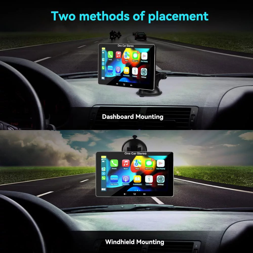 "2023 Portable Car Radio with Apple Carplay & Android Auto, Wireless Stereo 7" Touchscreen, Bluetooth Hands-Free/Mirror Link/Siri, Windshield Mount"