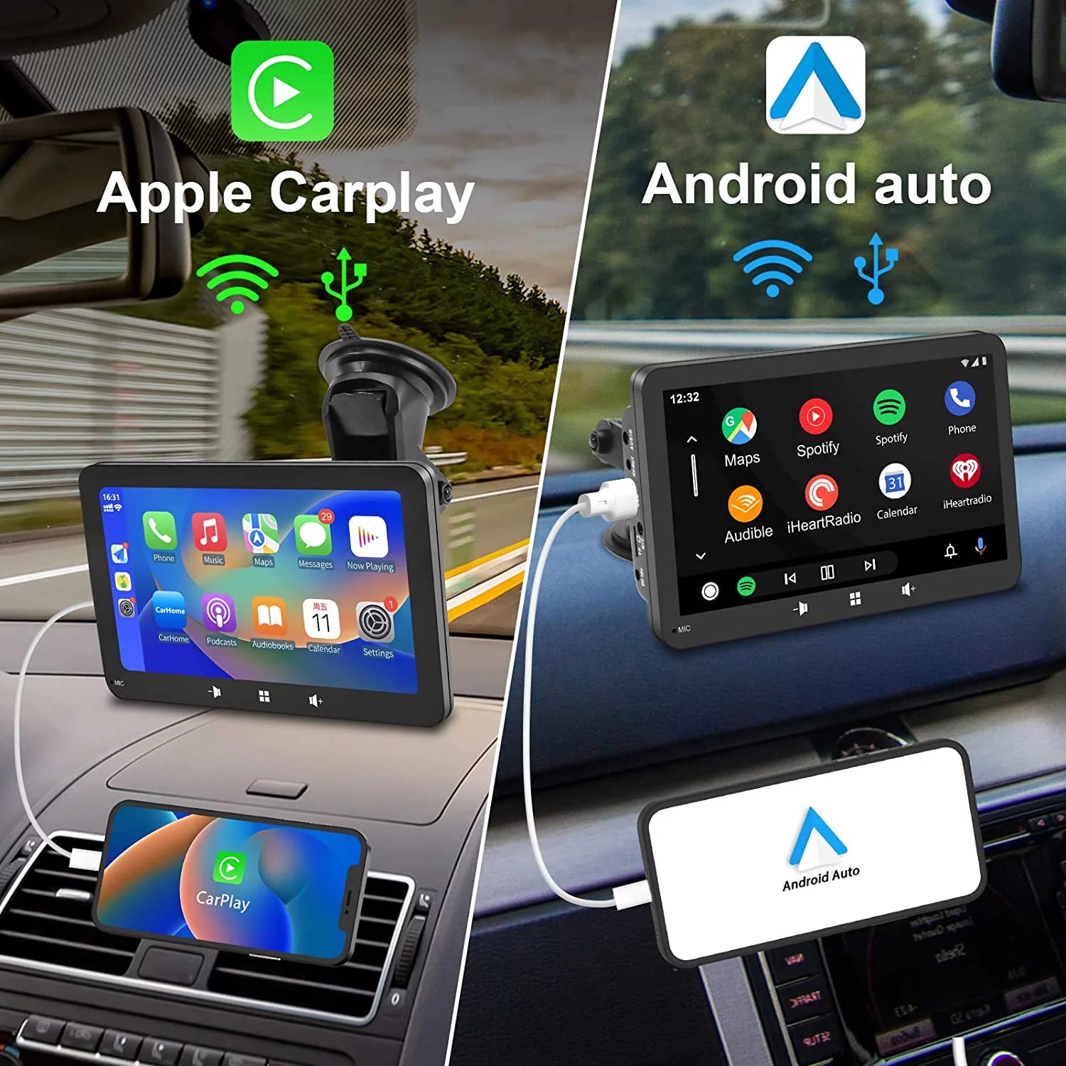 "2023 Portable Car Radio with Apple Carplay & Android Auto, Wireless Stereo 7" Touchscreen, Bluetooth Hands-Free/Mirror Link/Siri, Windshield Mount"