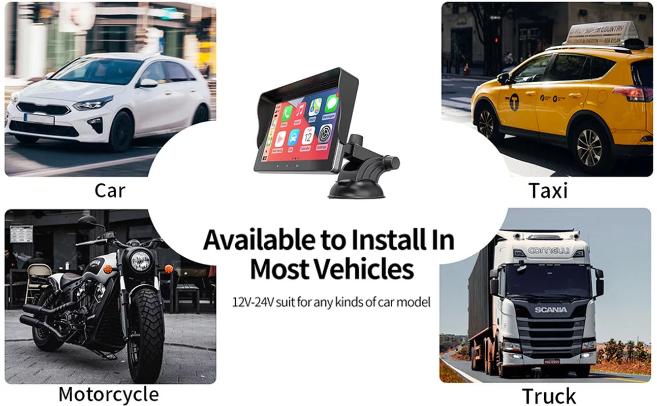 "2023 Portable Car Radio with Apple Carplay & Android Auto, Wireless Stereo 7" Touchscreen, Bluetooth Hands-Free/Mirror Link/Siri, Windshield Mount"